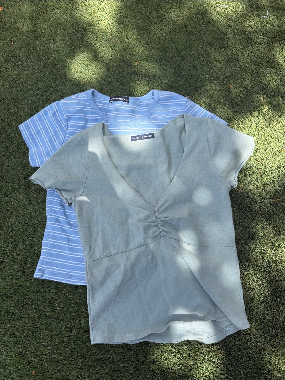 Brandy Melville Light Blue Striped Tee + Sage Green Ruched V-Neck Top lot of 2